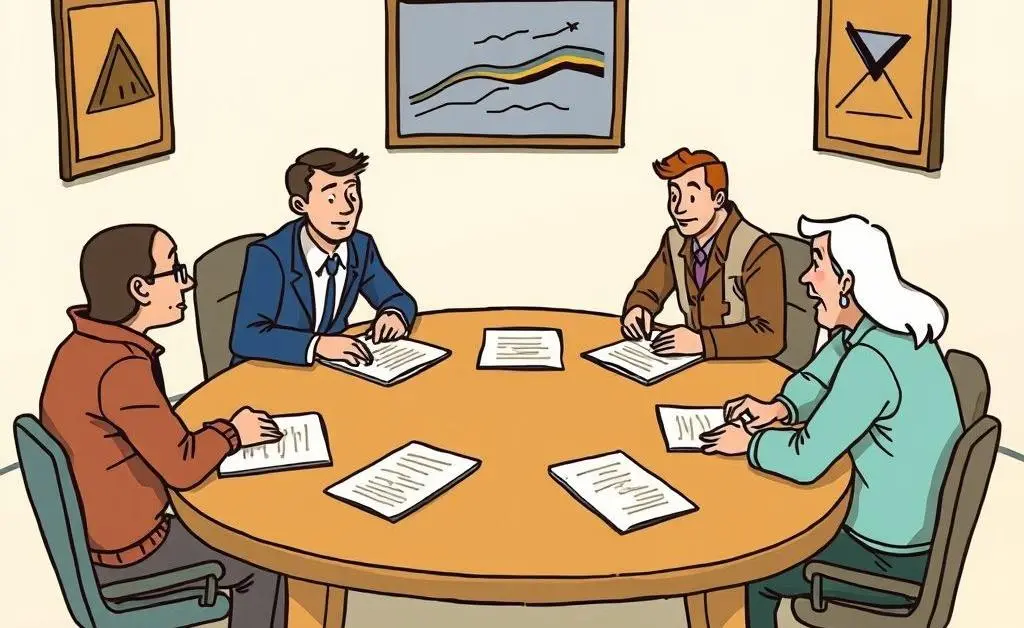 Illustration of people negotiating mineral rights at a table