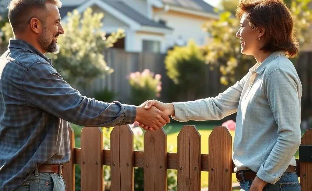 Two neighbors shaking hands over a fence, symbolizing resolution and agreement.