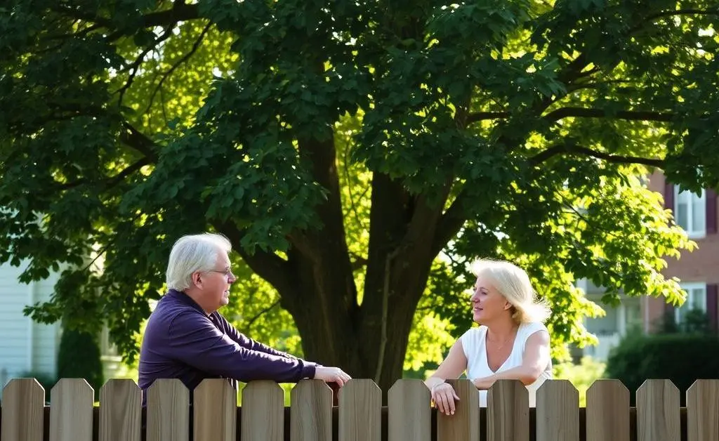 Neighbors chatting over a fence.