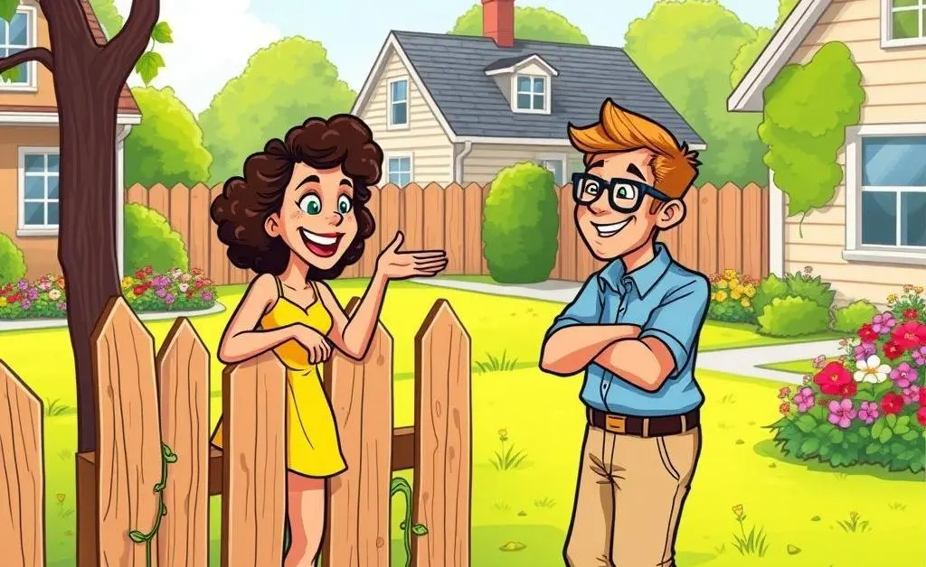 A cartoon drawing of two neighbors having a friendly conversation over a fence.