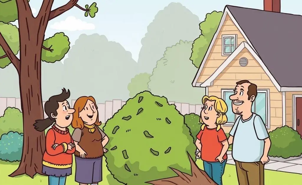 Cartoon of neighbors talking about a fallen tree with a friendly atmosphere.