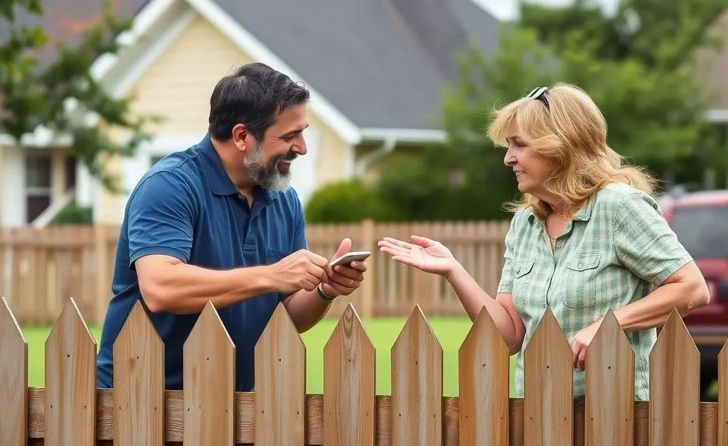 Two neighbors discussing over a backyard fence with a friendly demeanor