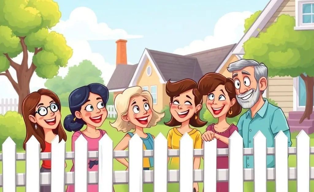Neighbors happily chatting over a white picket fence in cartoon style.