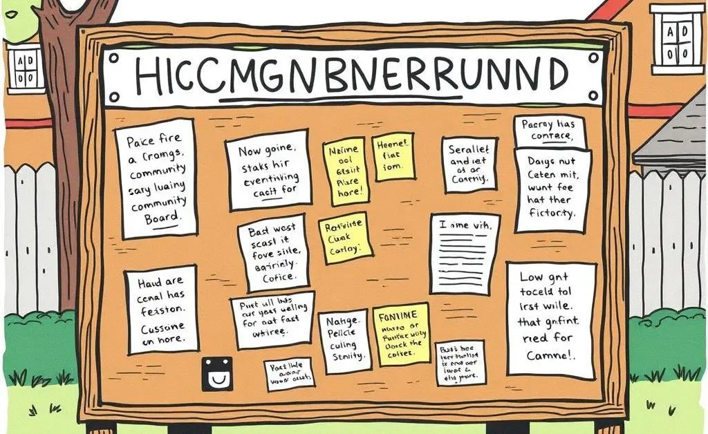 Hand-drawn scene of a neighborhood community board filled with polite notices and messages