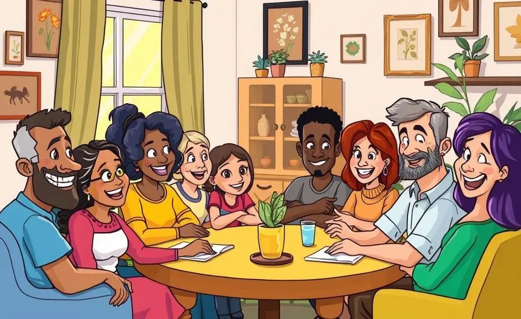 Cartoon-style image of neighbors having a meeting in a living room setting.