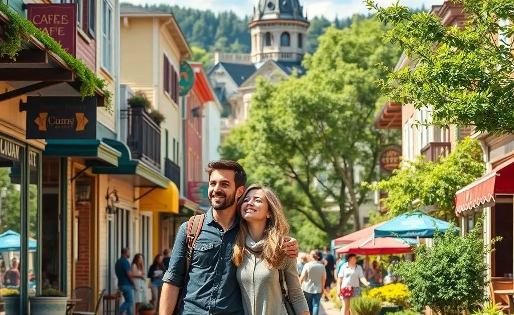 A couple exploring a friendly, vibrant neighborhood with shops and parks.