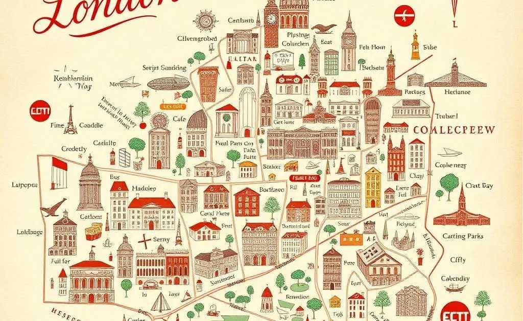 Hand-drawn style map of a London neighborhood, highlighting key attractions and amenities