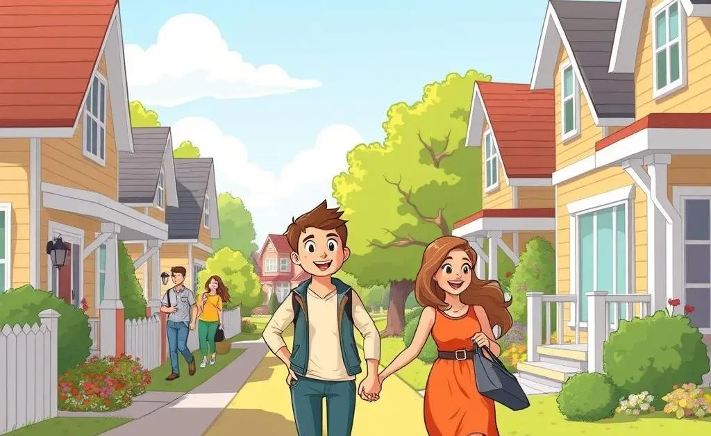 A couple taking a walk through a sunny neighborhood with friendly neighbors.