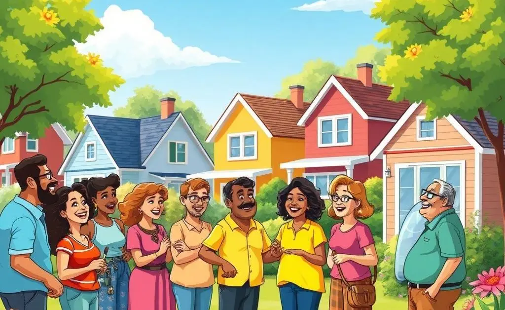 Cartoon of neighbors gathered for a friendly outdoor meeting.