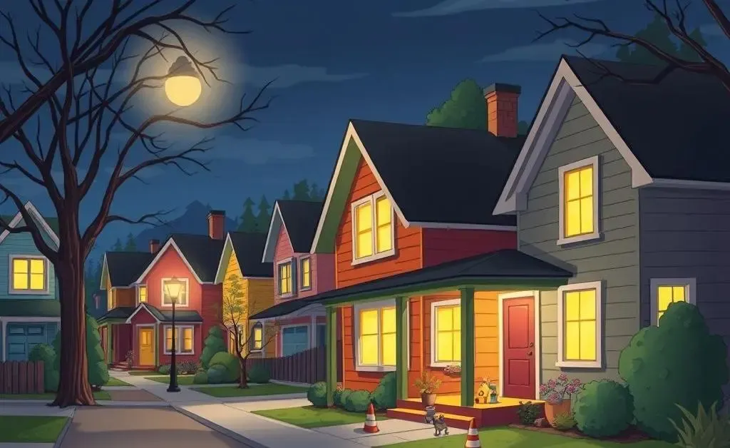 Neighborhood during a power outage with a house using a generator.