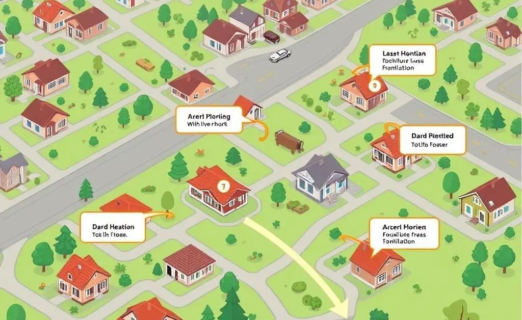 A cartoon-style map showing a strategy chart for house hunting in a neighborhood