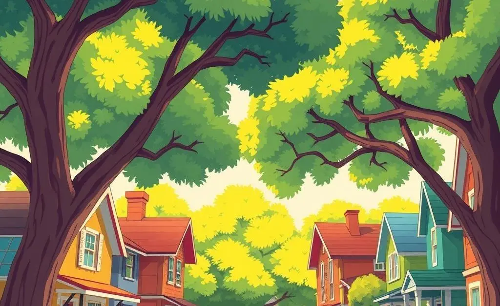 Cartoon-style street view of a friendly neighborhood with homes and trees.
