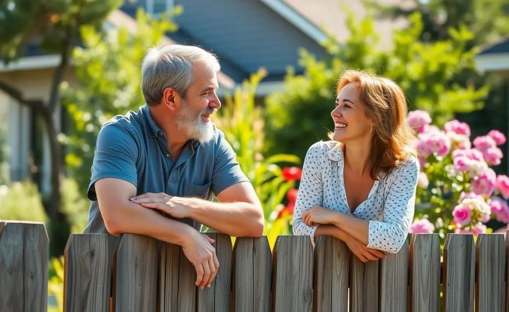 Two neighbors leaning over a fence talking with friendly expressions