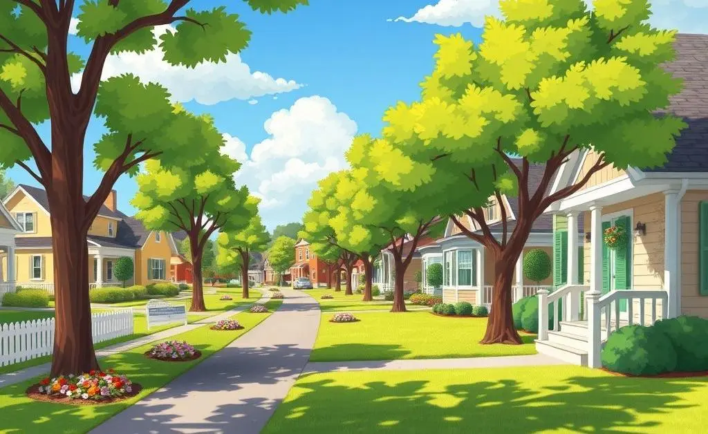 Cartoon-style street view with well-kept lawns and trees
