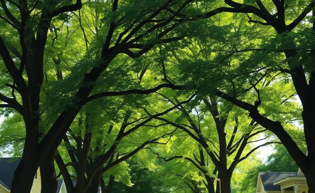A peaceful neighborhood street with trees and charming houses.