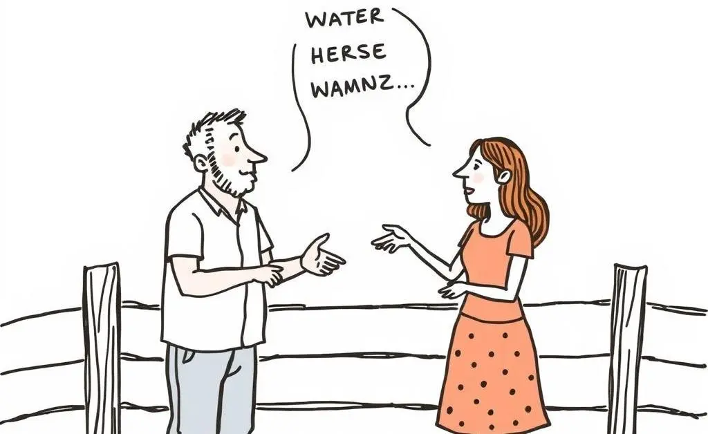 Hand-drawn image of two neighbors amicably discussing a water issue over a fence.