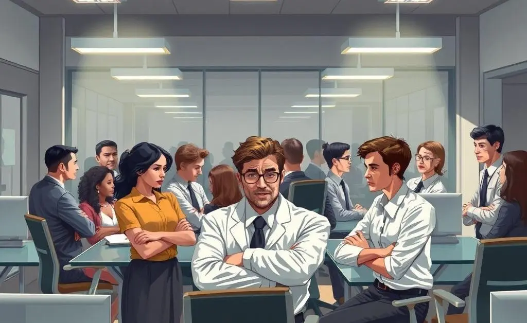 Illustration of an office environment with team dynamics tension due to nepotism.