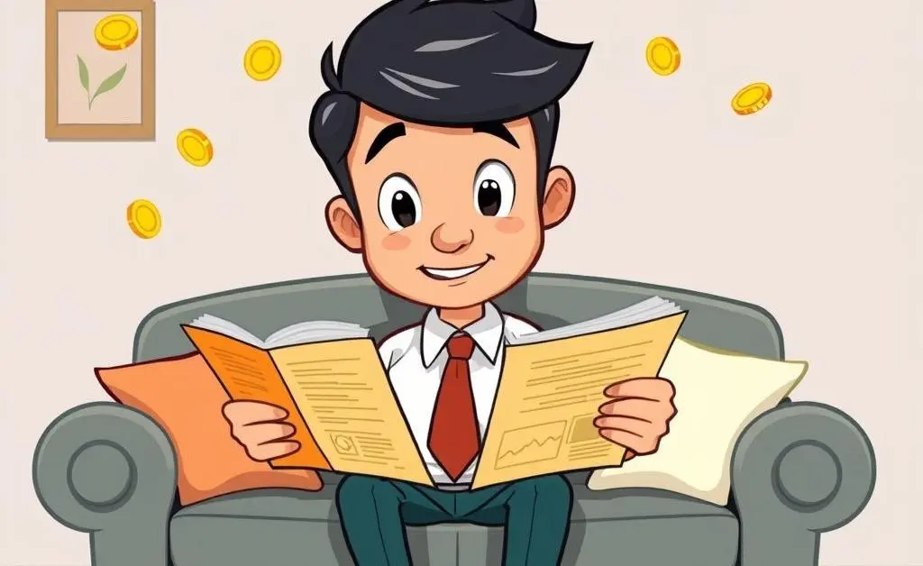 Cartoon character reviewing portfolios surrounded by gold