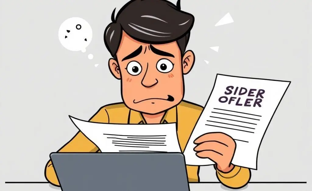 A nervous job candidate reading a job offer on a laptop