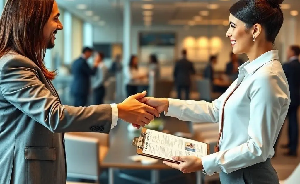 Handshake between two professionals over a clipboard filled with networking contact details.