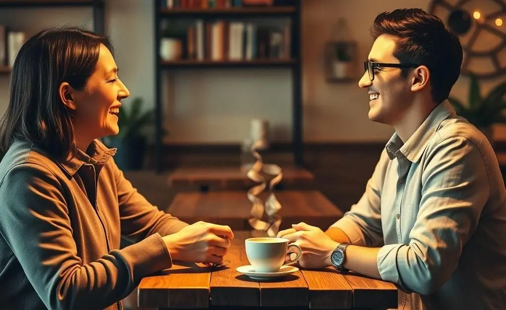 Two people having a friendly conversation over coffee, symbolizing networking
