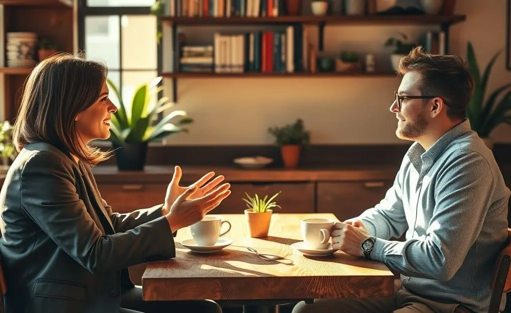 Two people having a coffee chat about career opportunities.