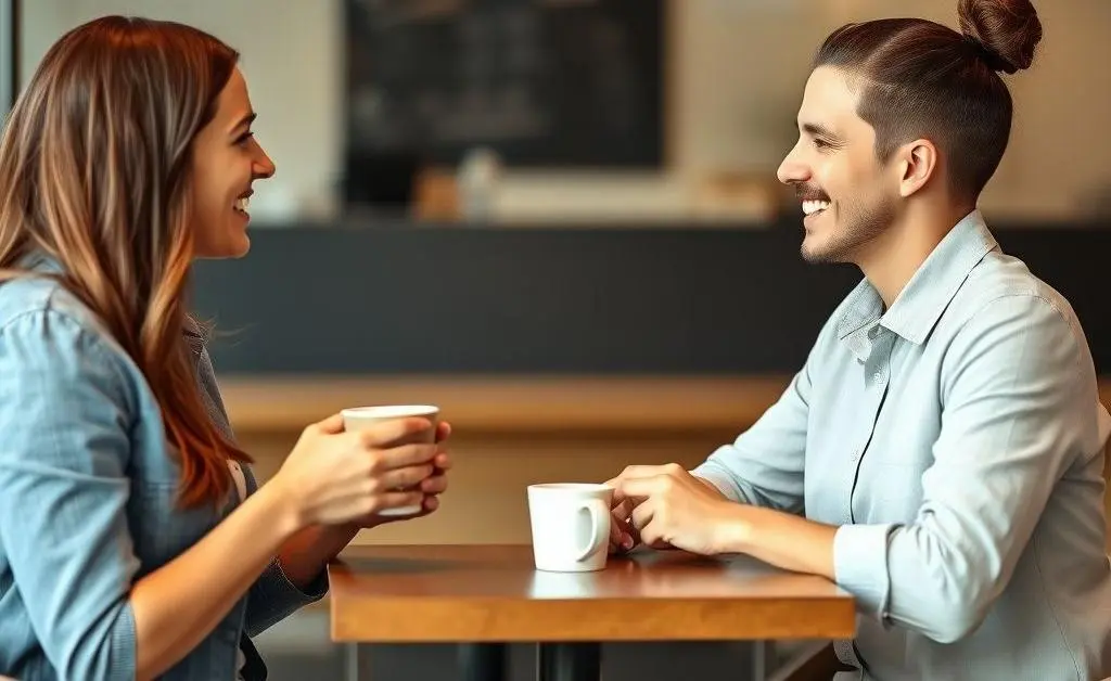 Two individuals having a friendly networking chat over coffee.
