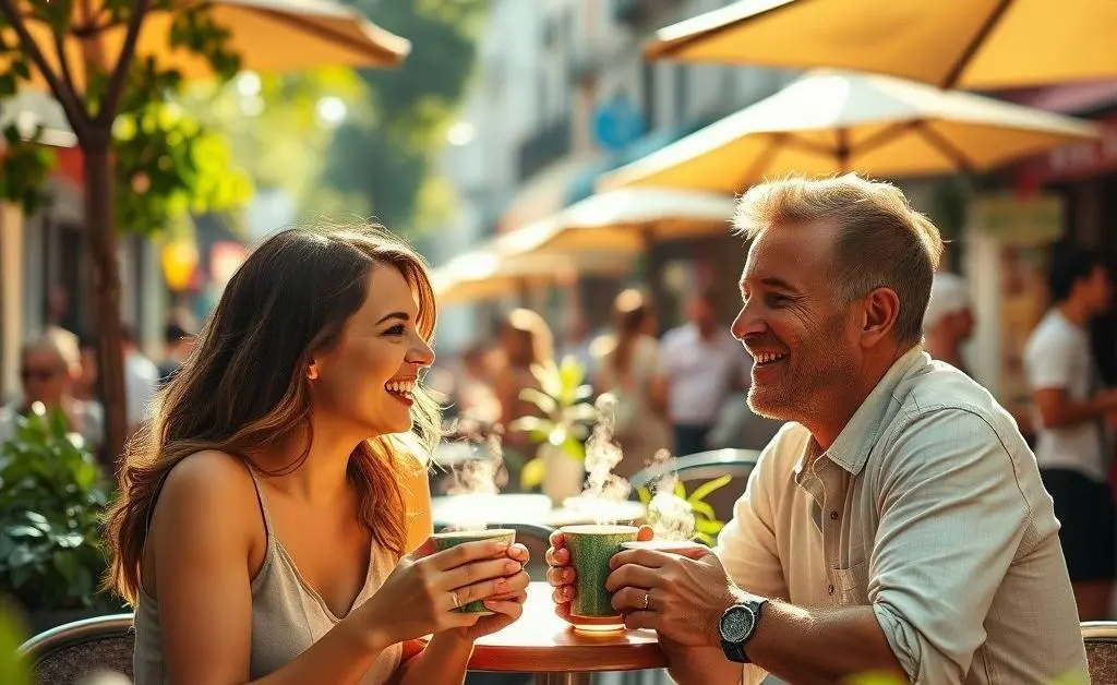 Two individuals having a conversation over coffee.