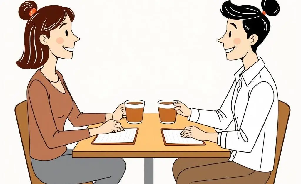 Two people at a coffee meeting with friendly gestures and notepads.