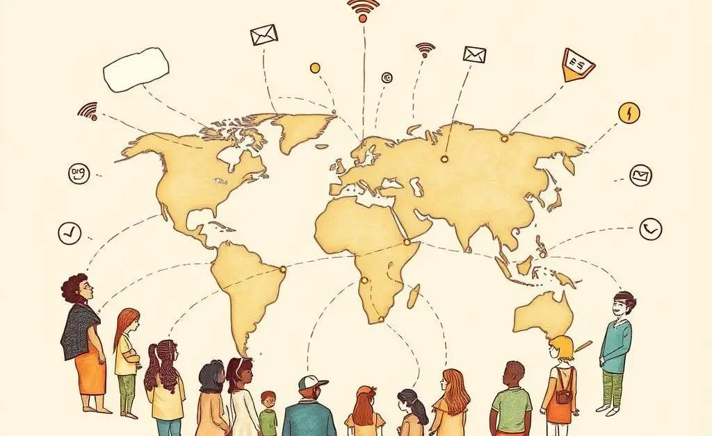 Hand-drawn aesthetic of people connecting around a world map with dotted lines and communication icons.