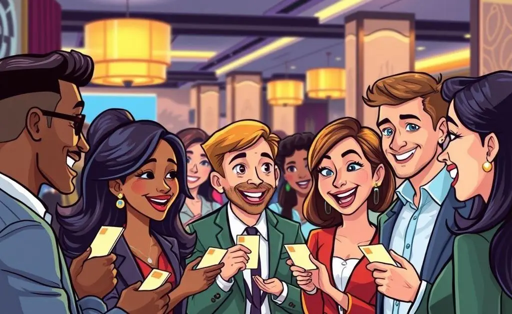 Cartoon-style people networking at an event