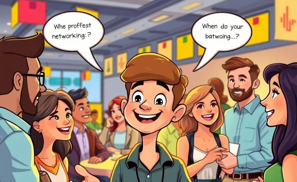 A cartoon person conversing at a networking event.