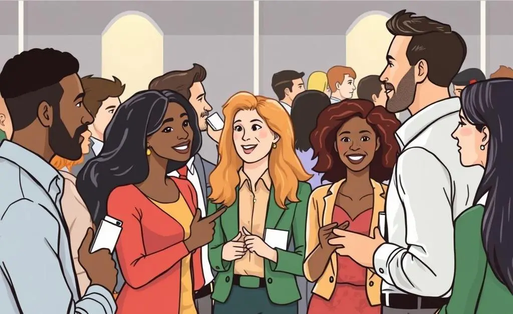 A networking event illustration showing people talking and exchanging cards