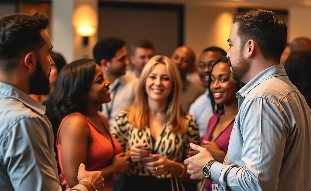 A dynamic networking event with diverse professionals engaging with each other