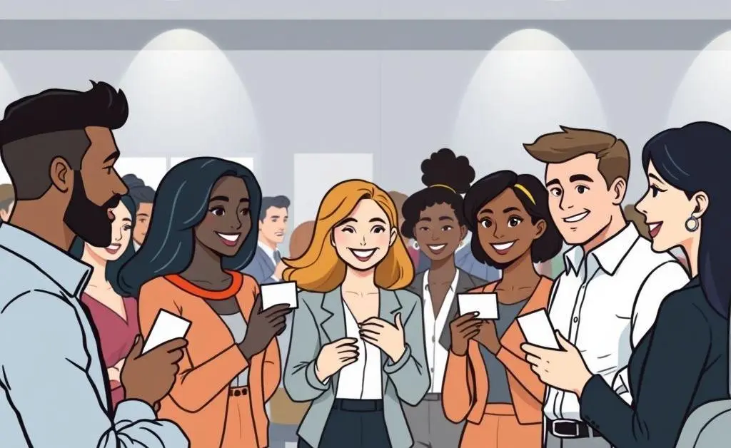 Professionals networking at an event.