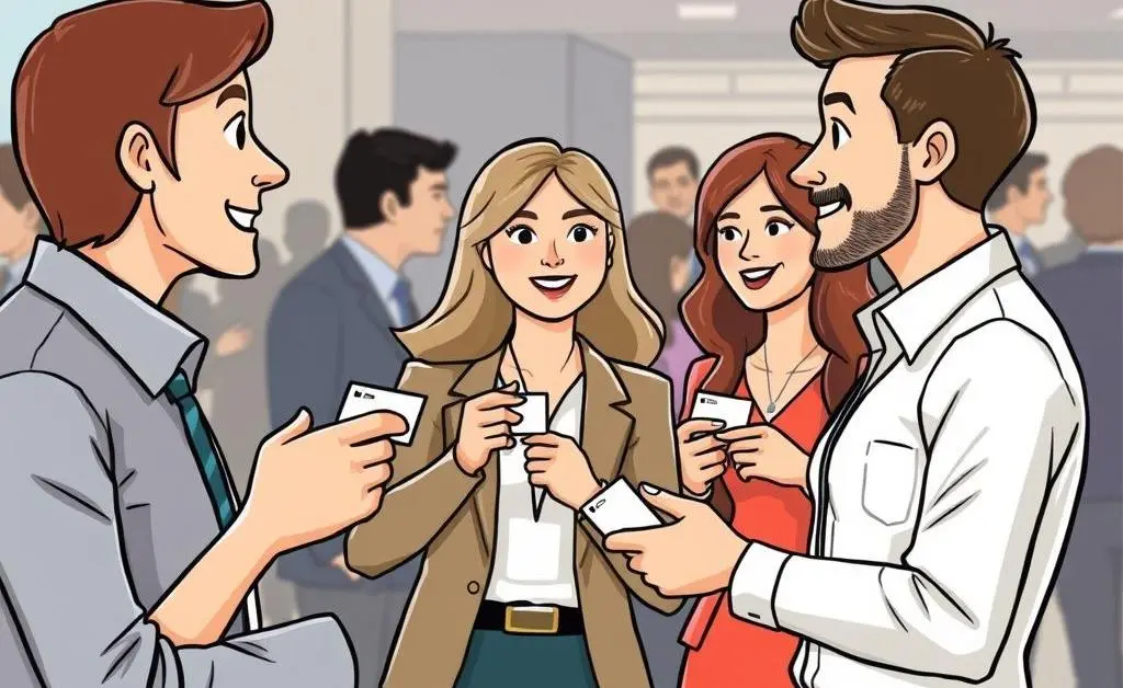 A cartoon-style illustration of a professional networking event with individuals exchanging business cards.
