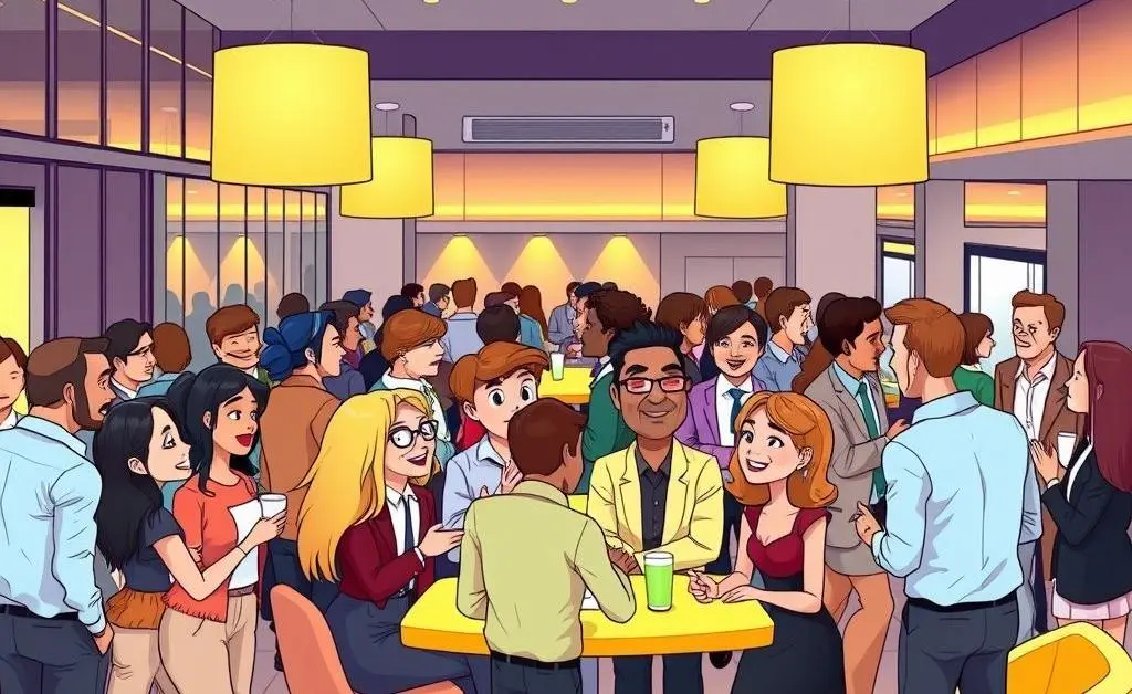 Cartoon-style illustration of a friendly networking event with people chatting in a modern setting
