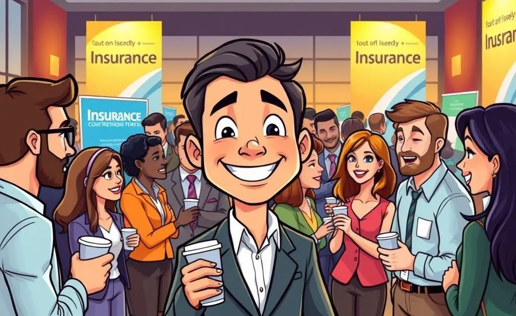A cartoon depiction of an insurance agent at a lively networking event with other professionals.