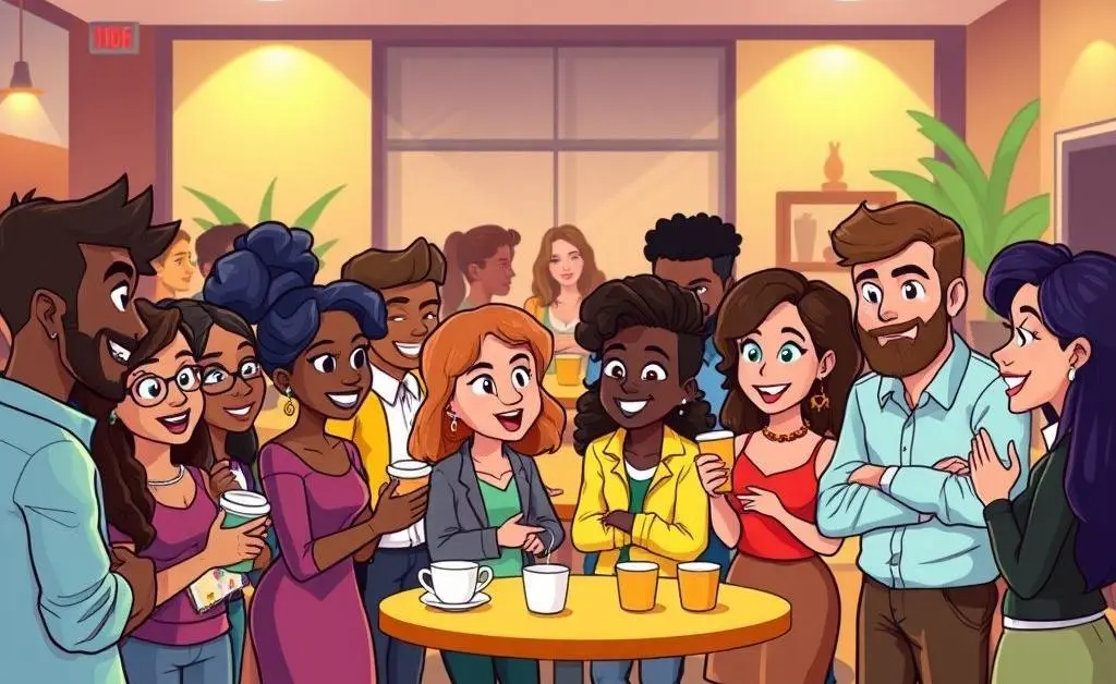 Cartoon figures networking at an event