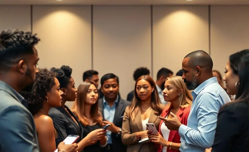 A group of diverse professionals at a financial networking event.