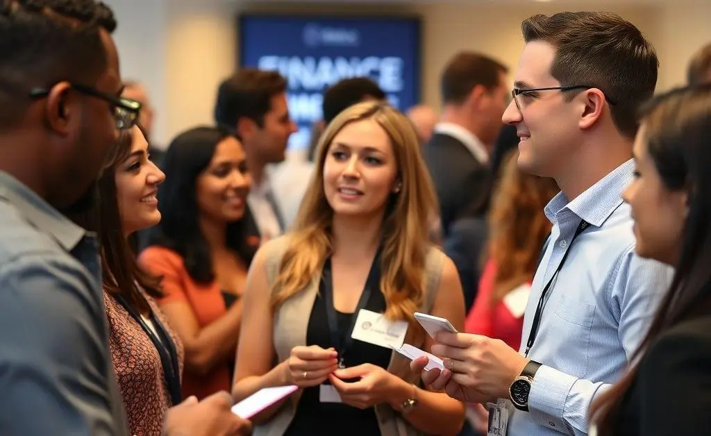 A group of diverse professionals networking at a finance event, exchanging business cards and ideas.