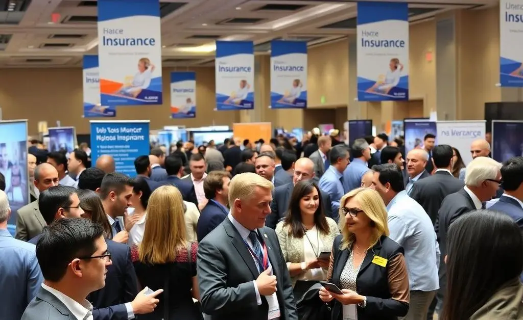 Insurance agents networking at an event, shaking hands and exchanging brochures.