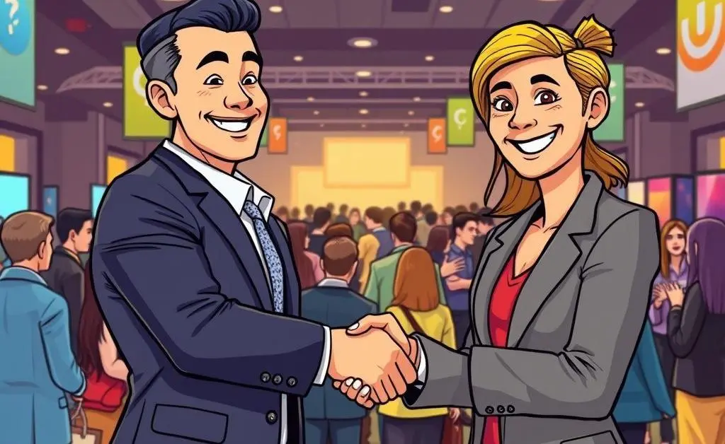 Two professionals shaking hands at a networking event