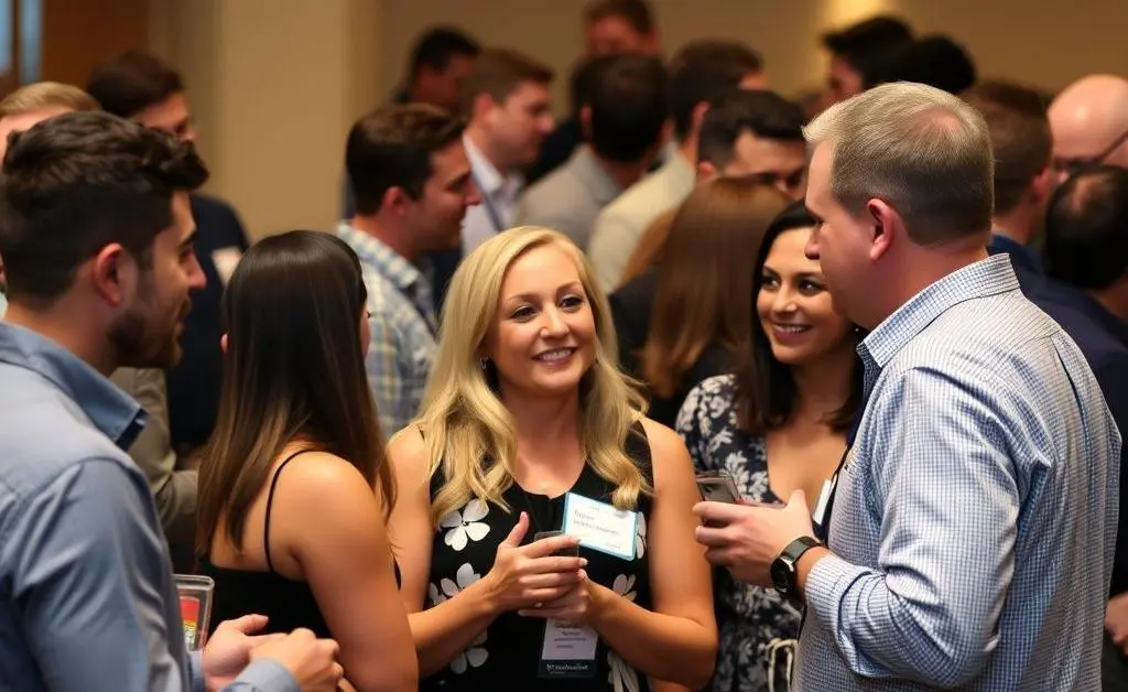 A group of professionals mingling at a networking event, building relationships.