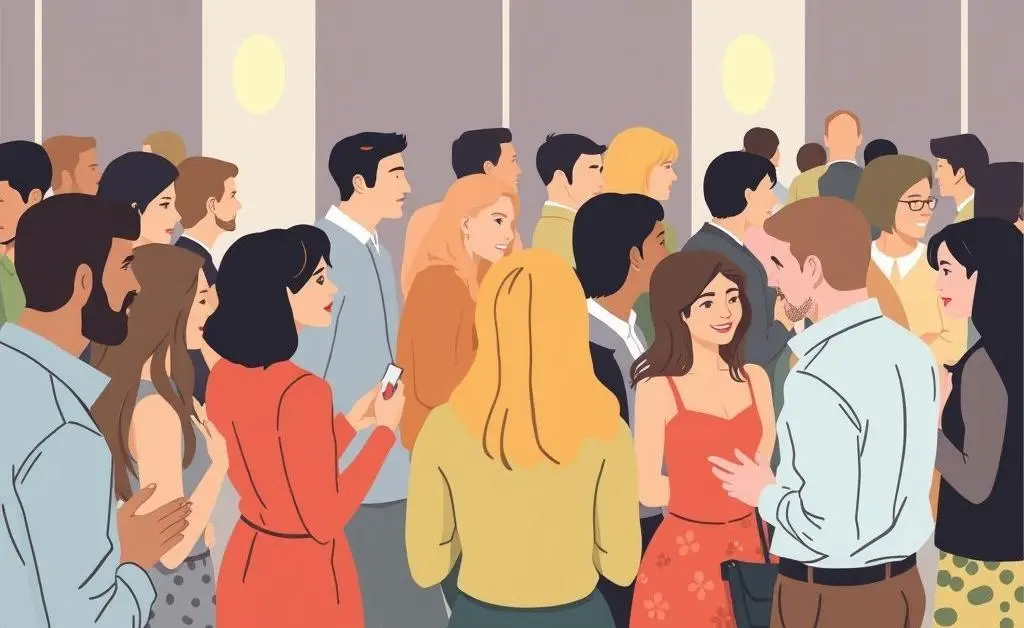 An illustration of a networking event with diverse individuals having conversations.