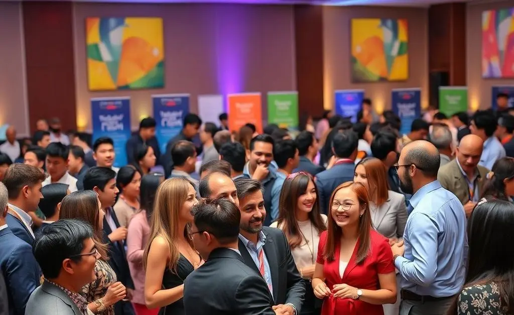 People chatting at a networking event.
