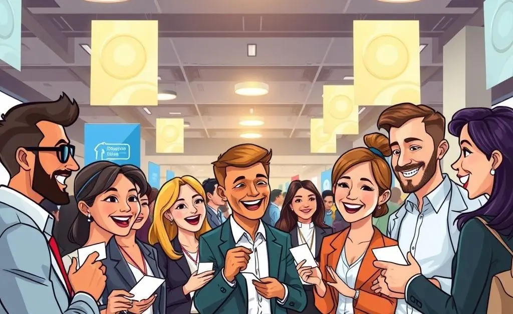 People chatting and exchanging business cards at a networking event