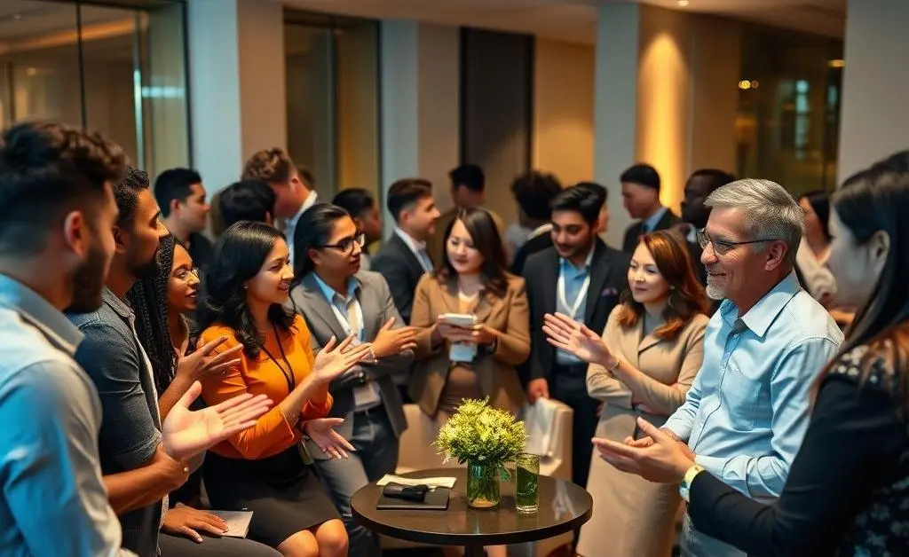 People at a networking event discussing financial ideas