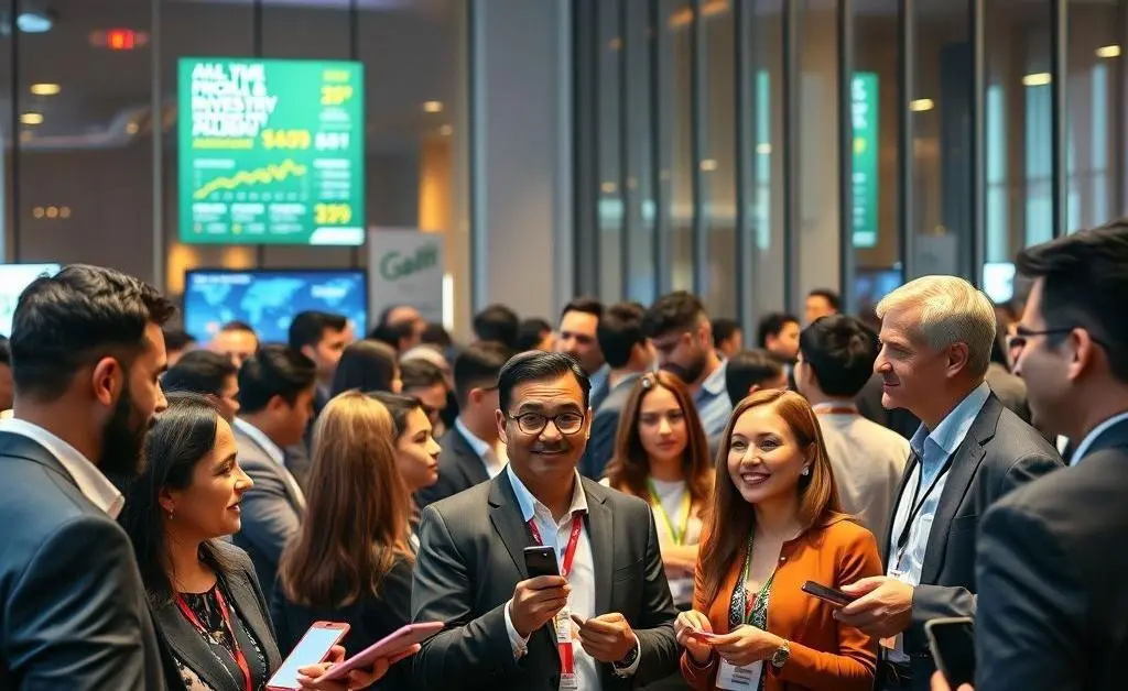 People from diverse backgrounds connecting at a networking event focused on financial industries.