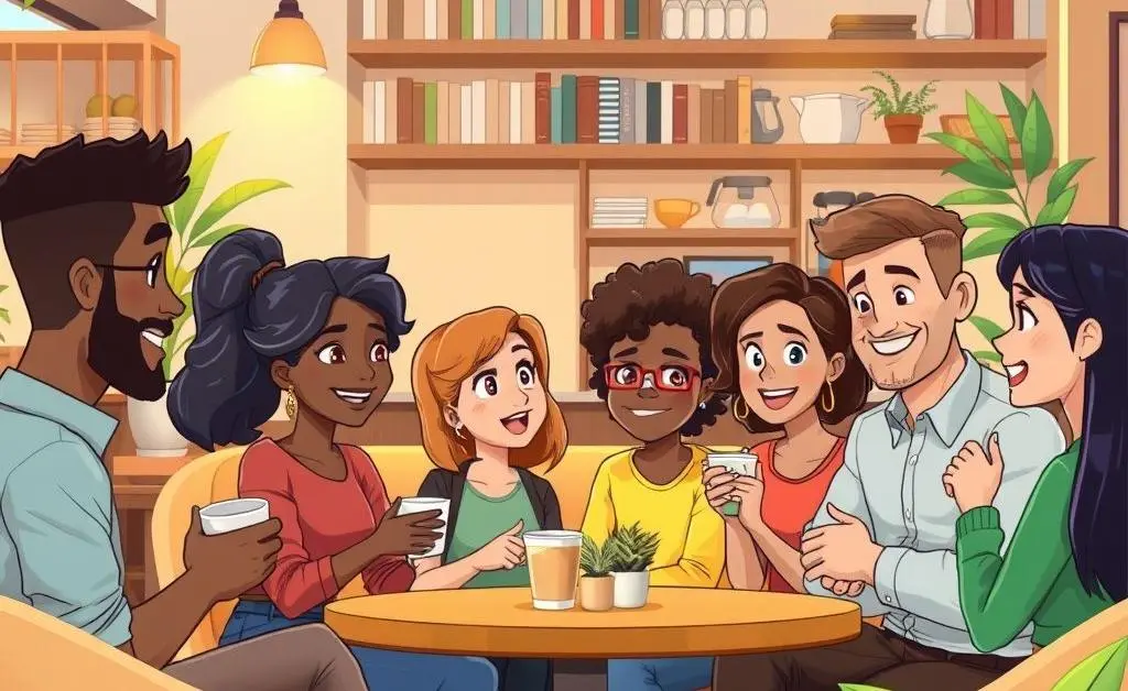 Cartoon of people networking at a casual coffee shop